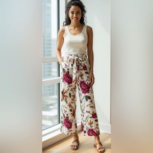 Joie Wide Leg Pants with Floral Design - Burgundy and Brown on White